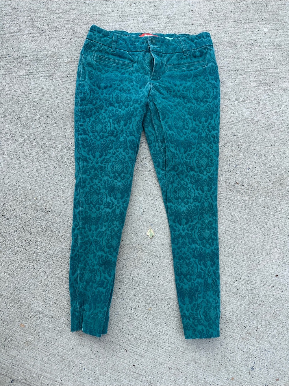 Cartonnier Teal Damask Pattern Corduroy Skinny Pants